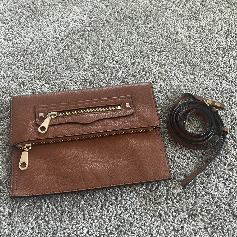 Rebecca minkoff tan brown leather cross body clutch bag flap closure y2k summer